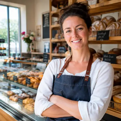 Proud business owner standing in her own bakery