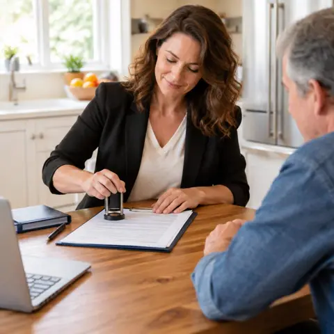 Notary stamping a document at a kitchen table with a client