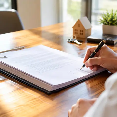 Hand signing a stack of loan papers at a closing table