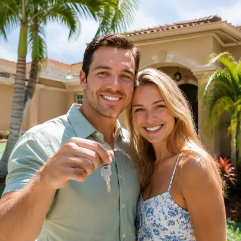 Couple holding keys in front of their new Florida home